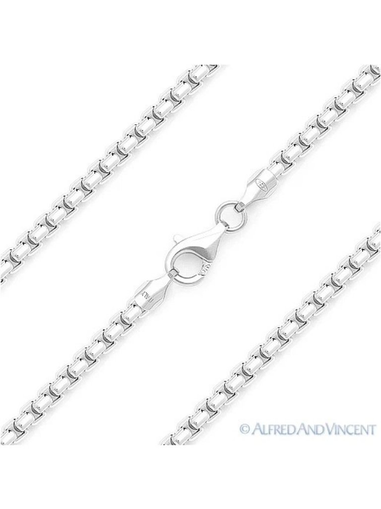 Rounded Mirror-Box Link Chain Necklace In .925 Sterling Silver W/ Rhodium - 16"